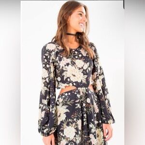 Farm Rio Brazilian Line Long Sleeved Floral Mini Dress with Side Cutout Size XS